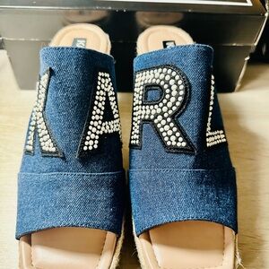 Karl Lagerfeld Denim Slide Mules with Rhinestone Lettering - Navy